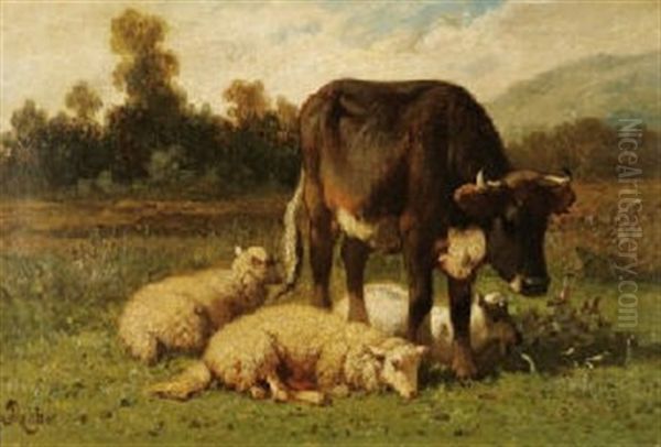 Vache Et Trois Moutons En Paturage Oil Painting by Louis Marie Dominique Romain Robbe