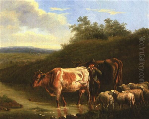 A Herdsman Calling Animals To Water Oil Painting by Louis Marie Dominique Romain Robbe