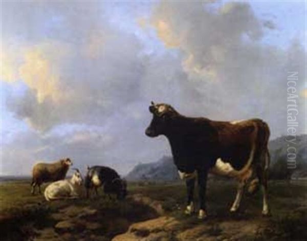 Vache Et Chevres Dans Un Paysage Oil Painting by Louis Marie Dominique Romain Robbe