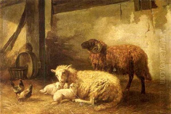 Stall Mit Schafen Und Huhnern Oil Painting by Louis Marie Dominique Romain Robbe