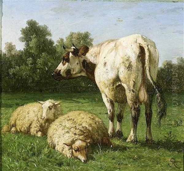 Vache Et Moutons Au Paturage Oil Painting by Louis Marie Dominique Romain Robbe