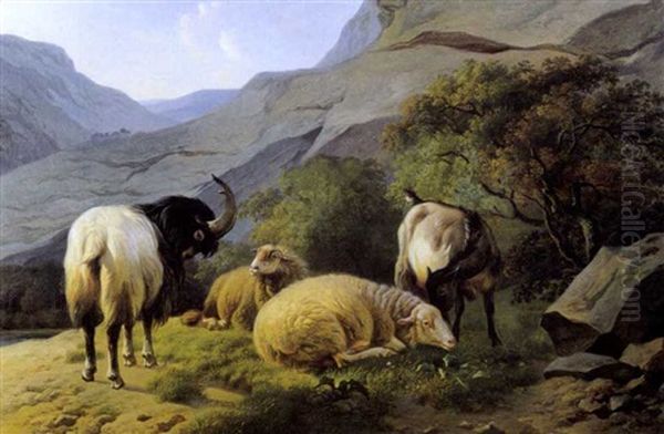 Rotslandschap Met Geiten En Schapen Oil Painting by Louis Marie Dominique Romain Robbe