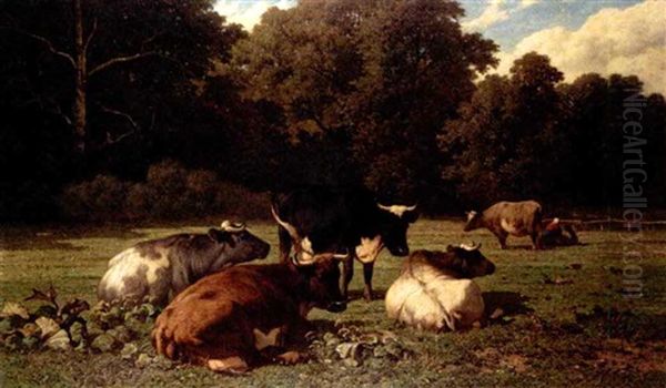 Cattle Resting In A Meadow Oil Painting by Louis Marie Dominique Romain Robbe