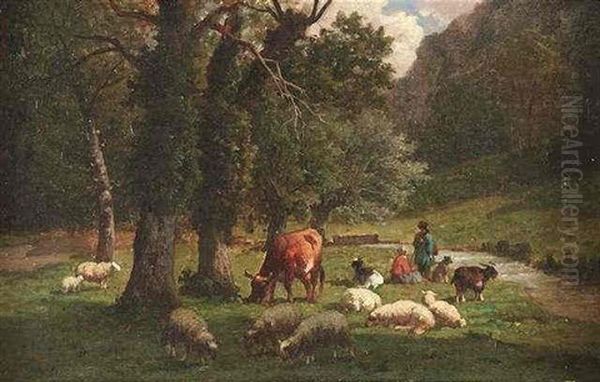 An Einem Bachlauf Huten Hirten Tiere Oil Painting by Louis Marie Dominique Romain Robbe