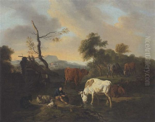 Huterbub Mit Hund, Kuhen, Schafen Und Ziege Am Der Tranke Oil Painting by Louis Marie Dominique Romain Robbe
