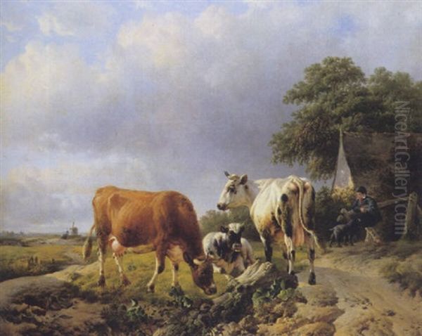 Landschap Met Koeien En Koeienwachter Oil Painting by Louis Marie Dominique Romain Robbe