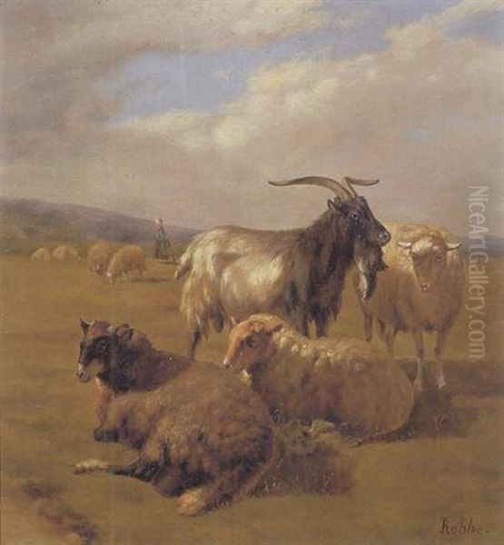 Bouc Et Moutons Dans Un Paysage Oil Painting by Louis Marie Dominique Romain Robbe