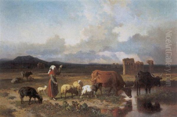 Gardienne De Troupeau Oil Painting by Louis Marie Dominique Romain Robbe