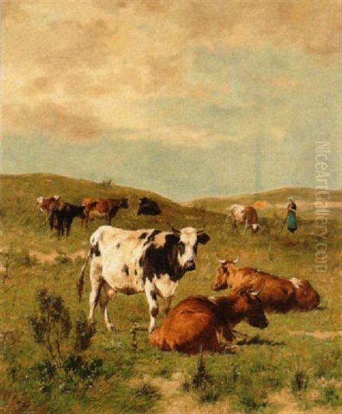 Cows And A Woman In A Hilly Landscape Oil Painting by Louis Marie Dominique Romain Robbe