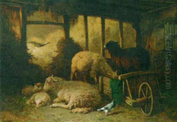 A Stable Interior With Sheep And Pigeons Oil Painting by Louis Marie Dominique Romain Robbe