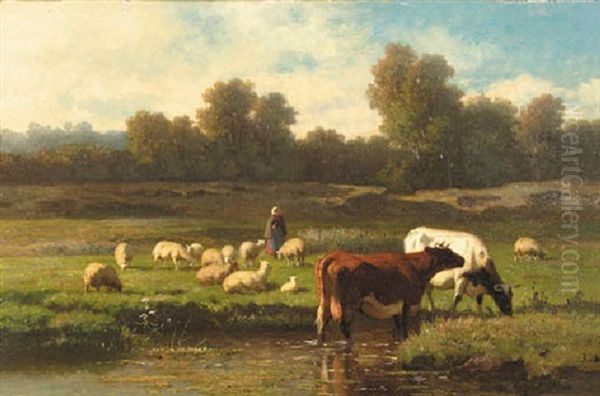 A Herdess And Flock And Cows On A Riverbank Oil Painting by Louis Marie Dominique Romain Robbe