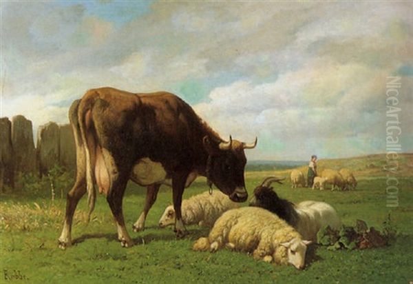 Weide Mit Kuh, Ziege Und Schafen Oil Painting by Louis Marie Dominique Romain Robbe
