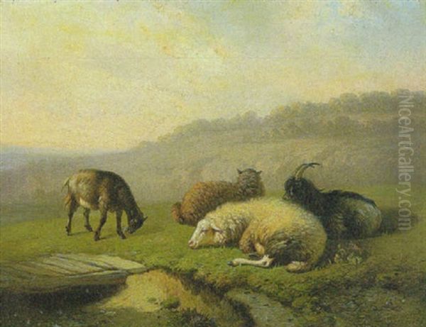 Schafe Und Ziegen Auf Der Weide Bei Einem Steg Oil Painting by Louis Marie Dominique Romain Robbe