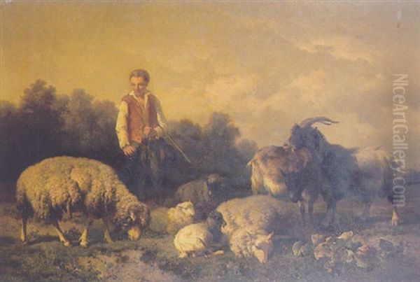 Berger Et Son Troupeau Oil Painting by Louis Marie Dominique Romain Robbe