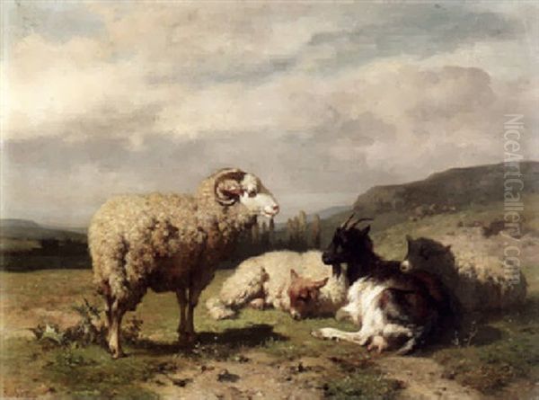 Drei Schafe Und Eine Ziege Auf Einer Anhohe Oil Painting by Louis Marie Dominique Romain Robbe