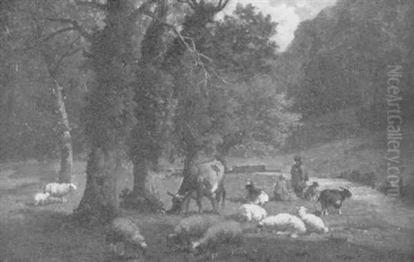 An Einem Bachlauf Hutet Eine Junge Hirtin Ihre Tiere Oil Painting by Louis Marie Dominique Romain Robbe