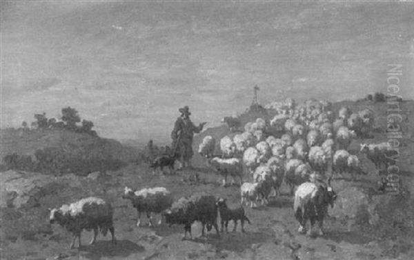 A Shepherd And His Flock Oil Painting by Louis Marie Dominique Romain Robbe