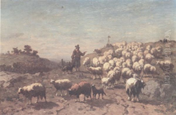 A Hilltop View With A Shepherd And His Flock And Goats And A Shrine In The Distance Oil Painting by Louis Marie Dominique Romain Robbe