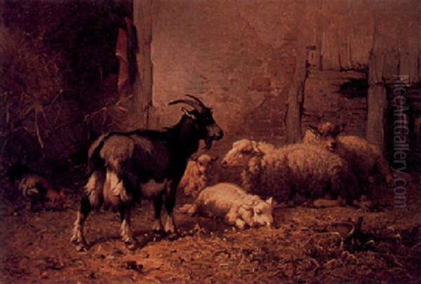 A Goat And Sheep In A Stable Oil Painting by Louis Marie Dominique Romain Robbe
