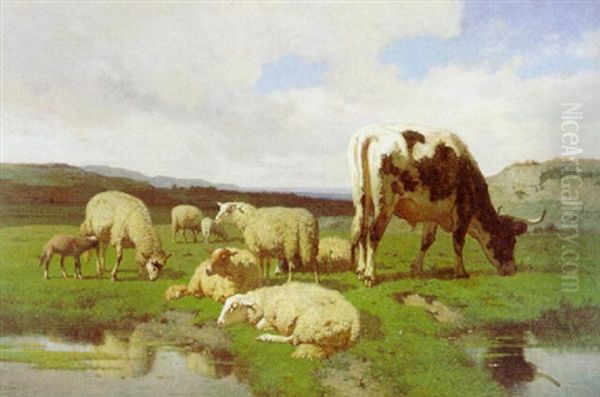 Schapen Aan De Drinkplaats Oil Painting by Louis Marie Dominique Romain Robbe