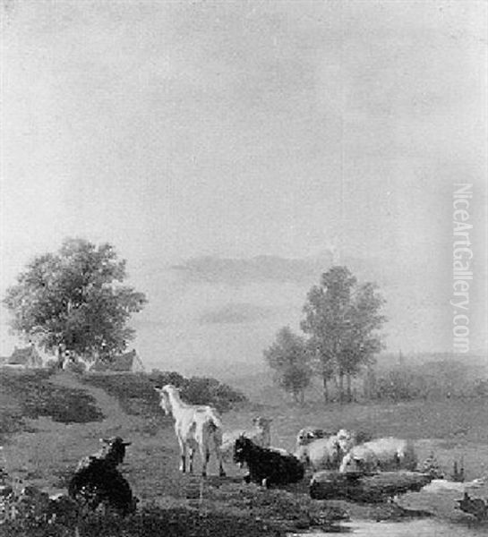 Sheep And Goats In A Meadow Oil Painting by Louis Marie Dominique Romain Robbe