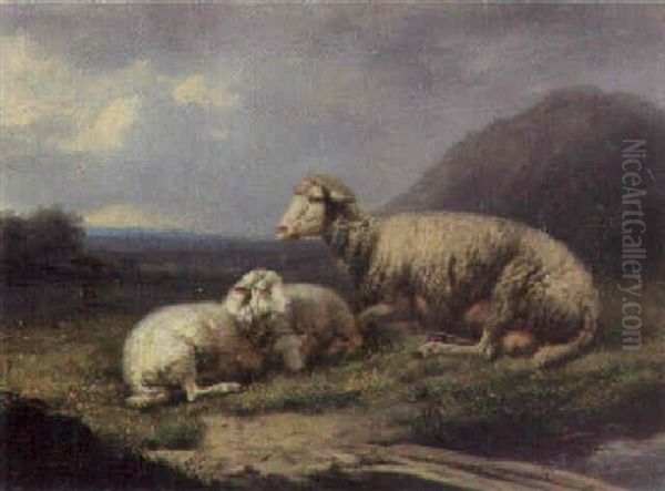Sheep In An Extensive Landscpae Oil Painting by Louis Marie Dominique Romain Robbe