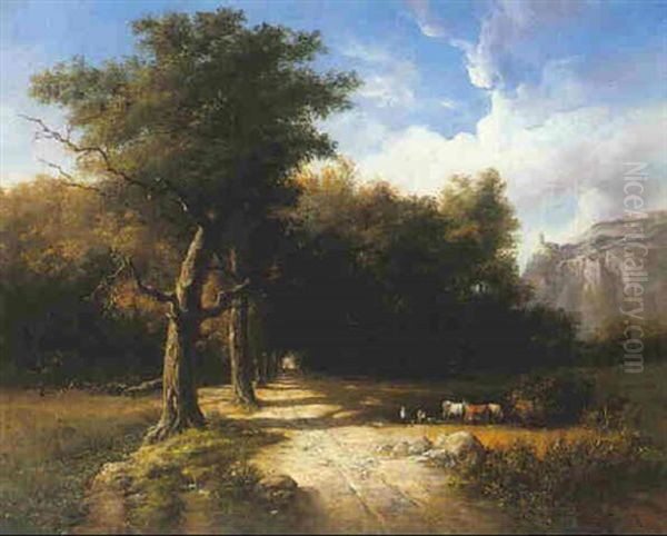 Landscape With Cows Grazing Oil Painting by Louis Marie Dominique Romain Robbe
