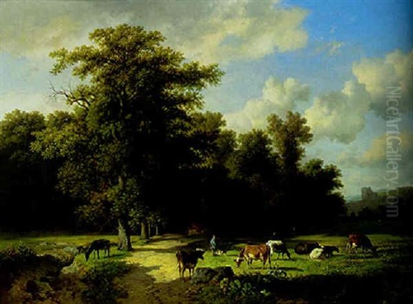 Cattle Grazing In A Wooded Landscape Oil Painting by Louis Marie Dominique Romain Robbe