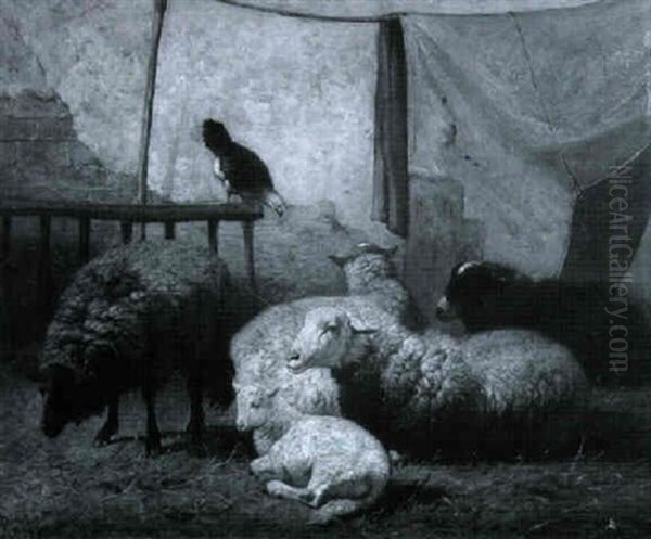 Moutons A L'ecurie Oil Painting by Louis Marie Dominique Romain Robbe