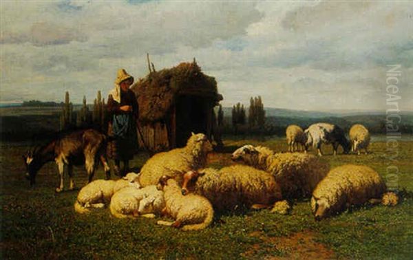 Moutons Au Paturage Oil Painting by Louis Marie Dominique Romain Robbe