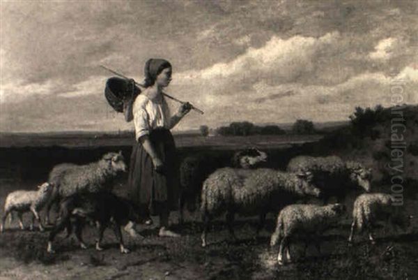 Die Junge Schafhirtin Oil Painting by Louis Marie Dominique Romain Robbe