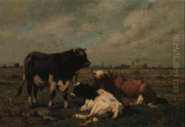 Vaches Et Taureau Dans Un Paysage Oil Painting by Louis Marie Dominique Romain Robbe