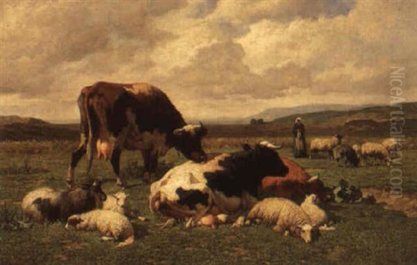 An Extensive Summer Landscape With Cows, Sheep And Goats Oil Painting by Louis Marie Dominique Romain Robbe