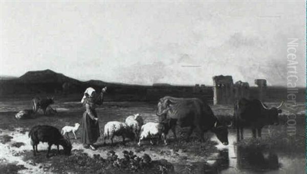 Herderin Met Vee In Een Met Ruines Bezaaid Landschap Oil Painting by Louis Marie Dominique Romain Robbe