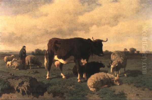Gardienne Et Troupeaux Oil Painting by Louis Marie Dominique Romain Robbe