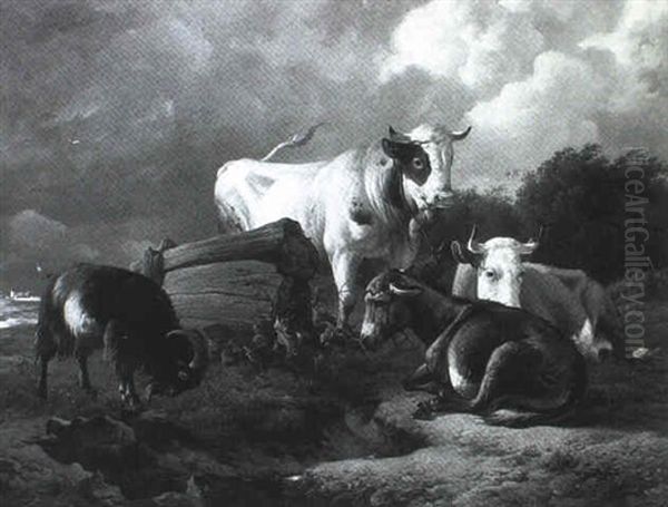 Tiere Auf Der Weide An Einem Wasserloch Oil Painting by Louis Marie Dominique Romain Robbe