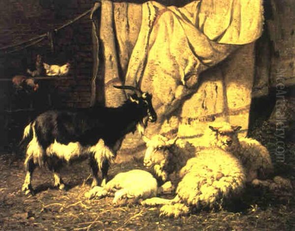 Moutons Et Chevre Dans Un Etable Oil Painting by Louis Marie Dominique Romain Robbe