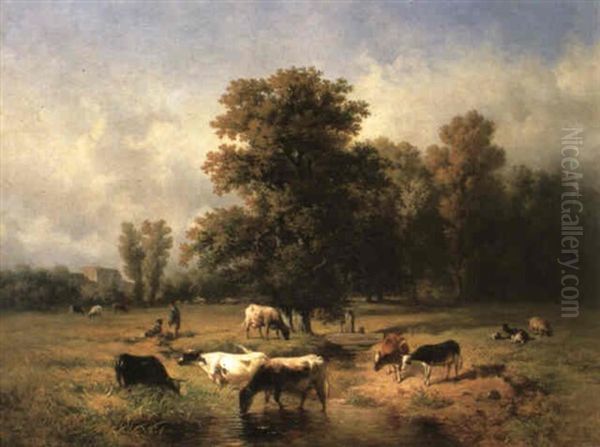Figures And Cattle In An Extensive Landscape Oil Painting by Louis Marie Dominique Romain Robbe