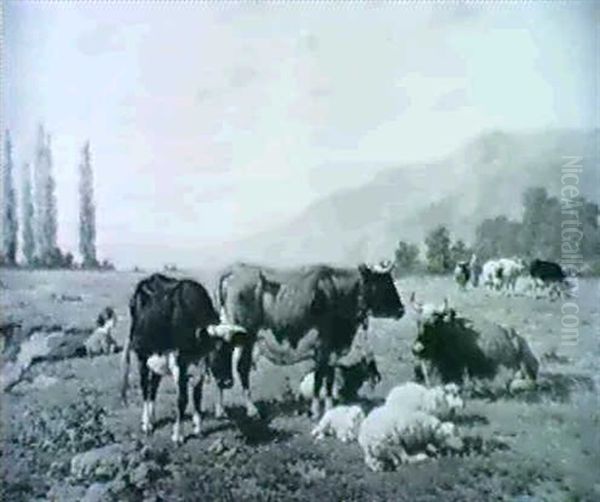 Grand Paysage Avec Betail Et Personnage Oil Painting by Louis Marie Dominique Romain Robbe