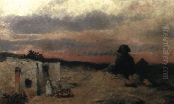 Arab With His Camel Resting Before A Sphinx Oil Painting by Moritz Friedrich Robbecke