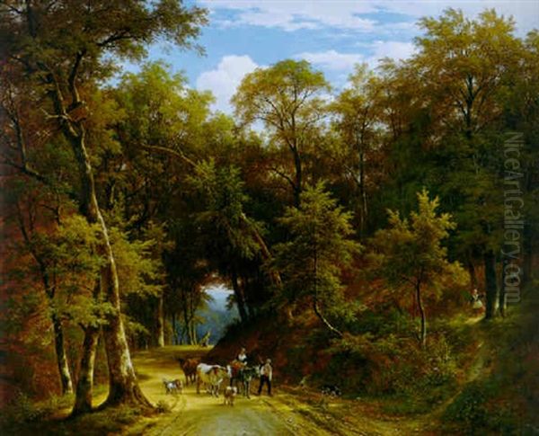 Bauernpaar Mit Esel, Kuhen, Schafen, Ziege Und Hund Auf Strasse Durch Einen Laubwald Oil Painting by Aurele Robert