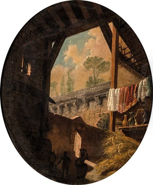 Washer In An Architecture Oil Painting by Hubert Robert