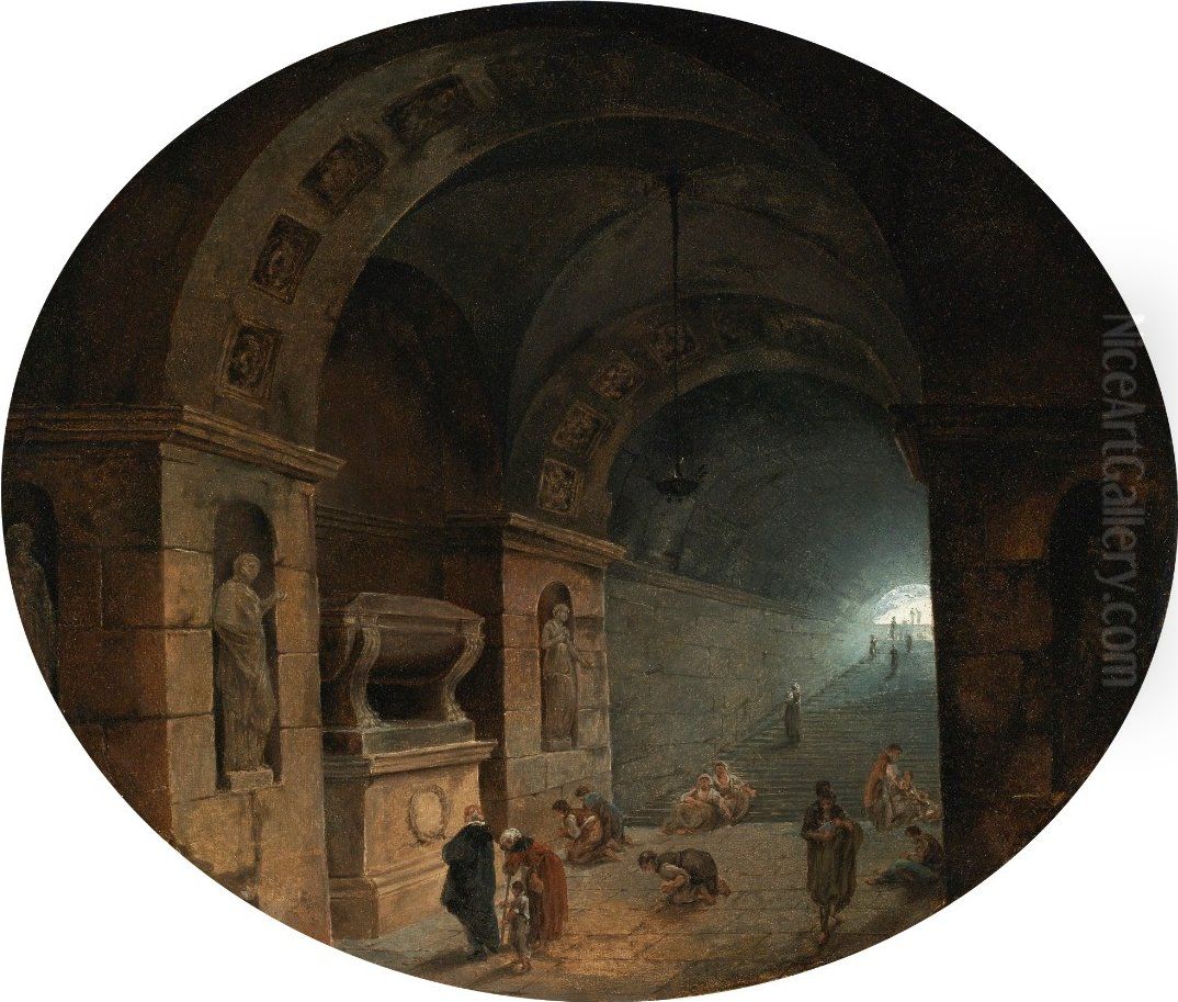 Figures In A Crypt Oil Painting by Hubert Robert