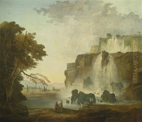 Landscape With Painters Near A Waterfall Oil Painting by Hubert Robert