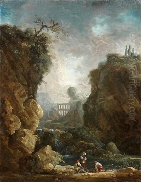 Paysage Rocheux A L'aqueduc Oil Painting by Hubert Robert