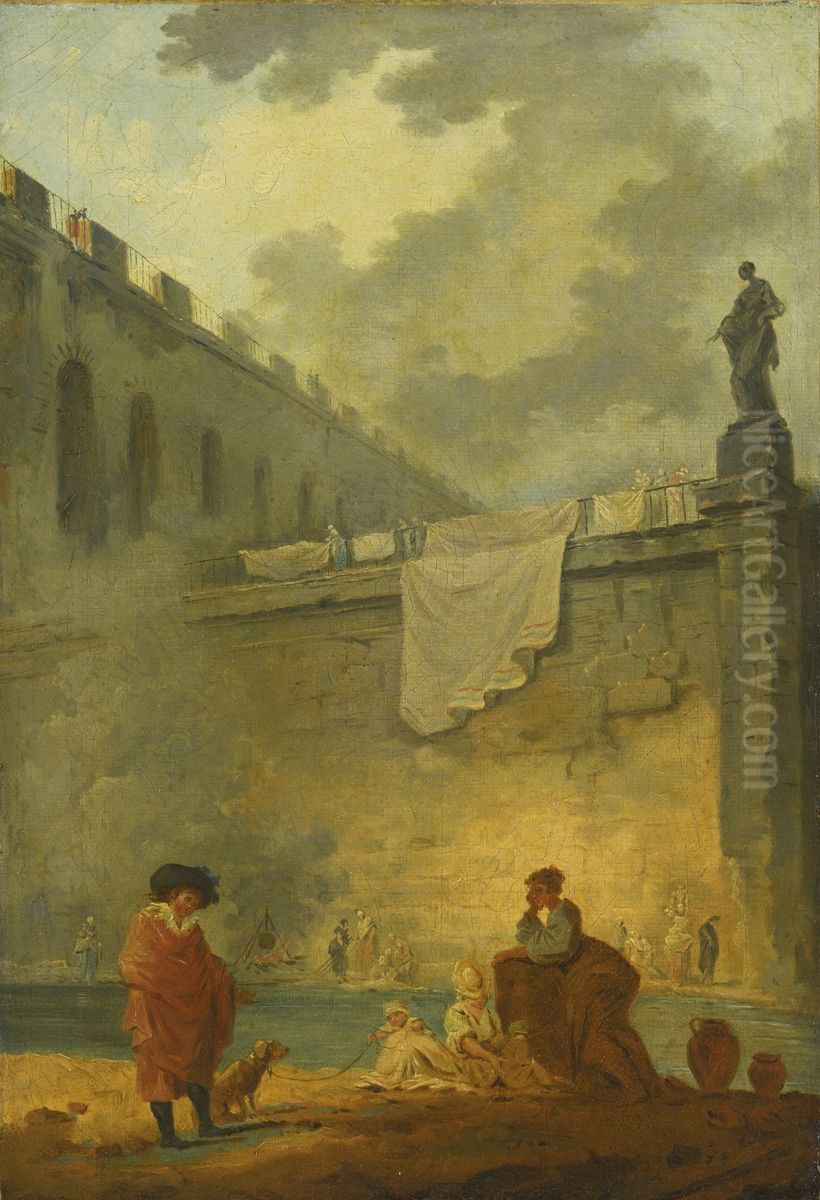 Figures At The Waterside Oil Painting by Hubert Robert