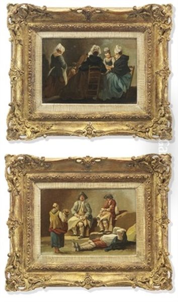 Women Around A Table In An Interior (+ An Afternoon Rest; 2 Works) Oil Painting by Hubert Robert