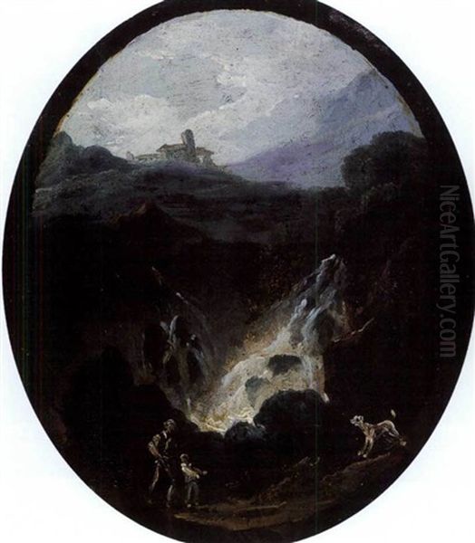 Chasseur Avec Son Fils Et Son Chien Pres D'une Cascade Oil Painting by Hubert Robert