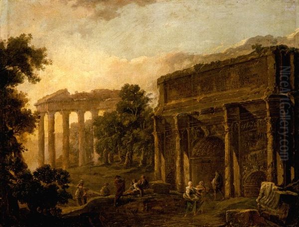 An Architectural Capriccio With Figues Among Roman Ruins Oil Painting by Hubert Robert