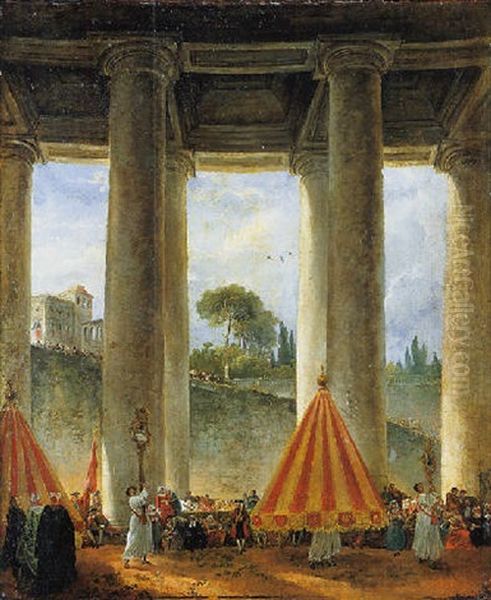 Procession Pontificale Celebrant La Fete Du Corpus Domini Sous La Colonnade De Saint-pierre A Rome Oil Painting by Hubert Robert